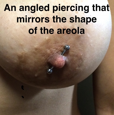 An angled female nipple piercing that mirrors the shape of the elliptical areola
