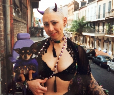 Mardi Gras in New Orleans, circa 2000 with Angelo, my beloved Chihuahua who lived to be 19