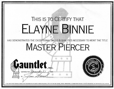 My Master Piercer Certificate