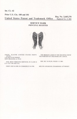 The Registration (Service Mark) granted by the US Patent and Trademark Office on my angel wings tattoo